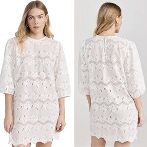 Natalie Martin Lisa Dress 100% Cotton White Eyelet 3/4 Balloon Sleeves, size XL